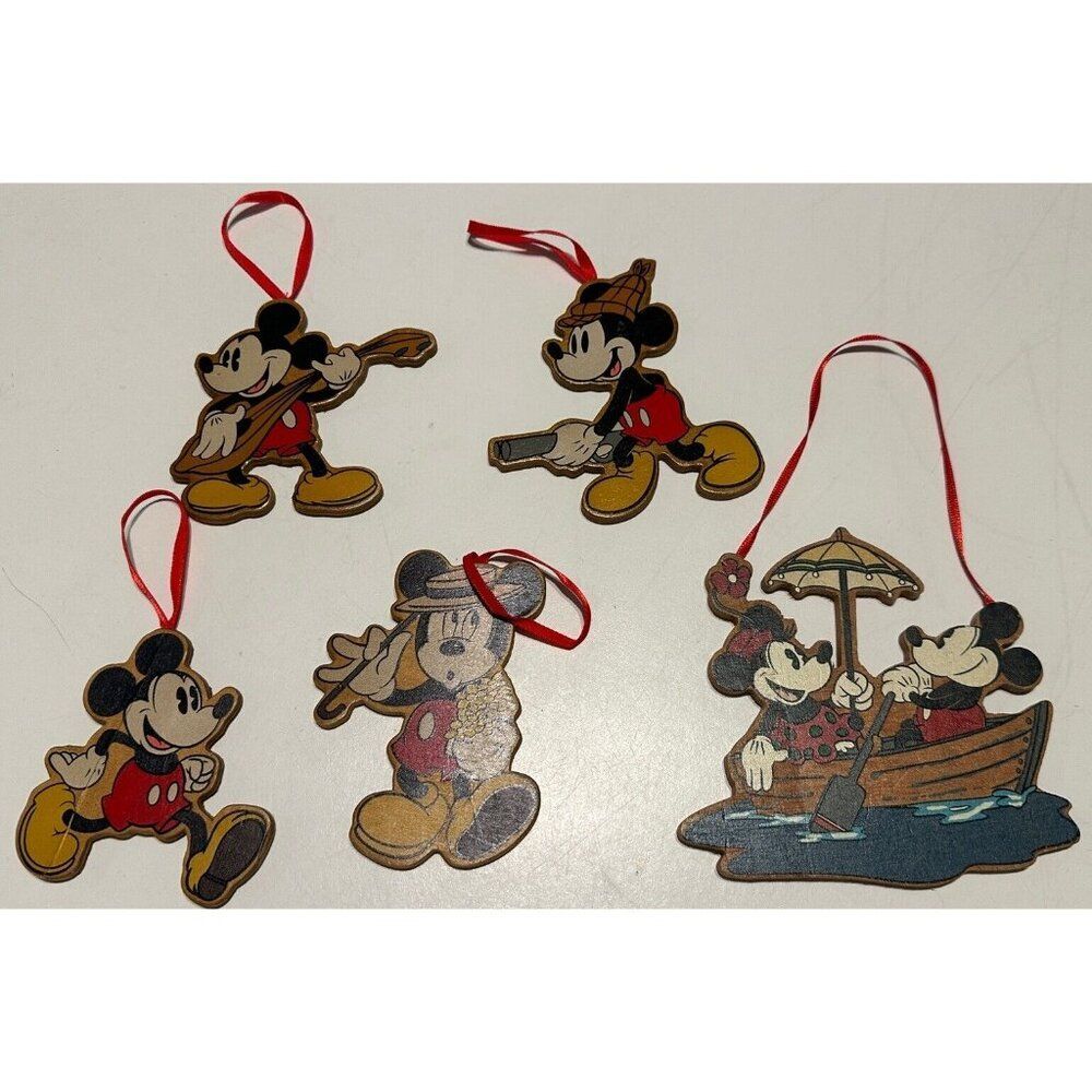 Vintage Walt Disney Company Wooden Christmas Tree Ornaments Mickey Minnie Mouse